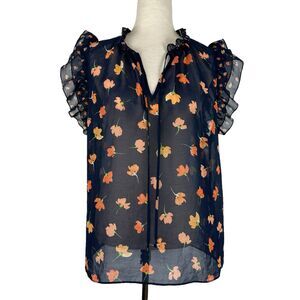 CAbi Top Women Size Medium Navy Blue Floral Poppy Flutter Sleeve Sheer Ruffle